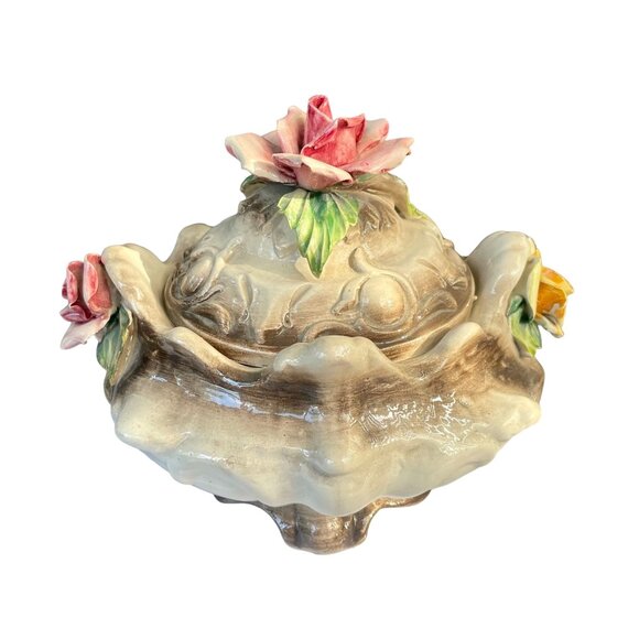 Vintage Capodimonte Ceramic Covered Dish with Roses Flowers Italy Capodimonte Po - Picture 1 of 8